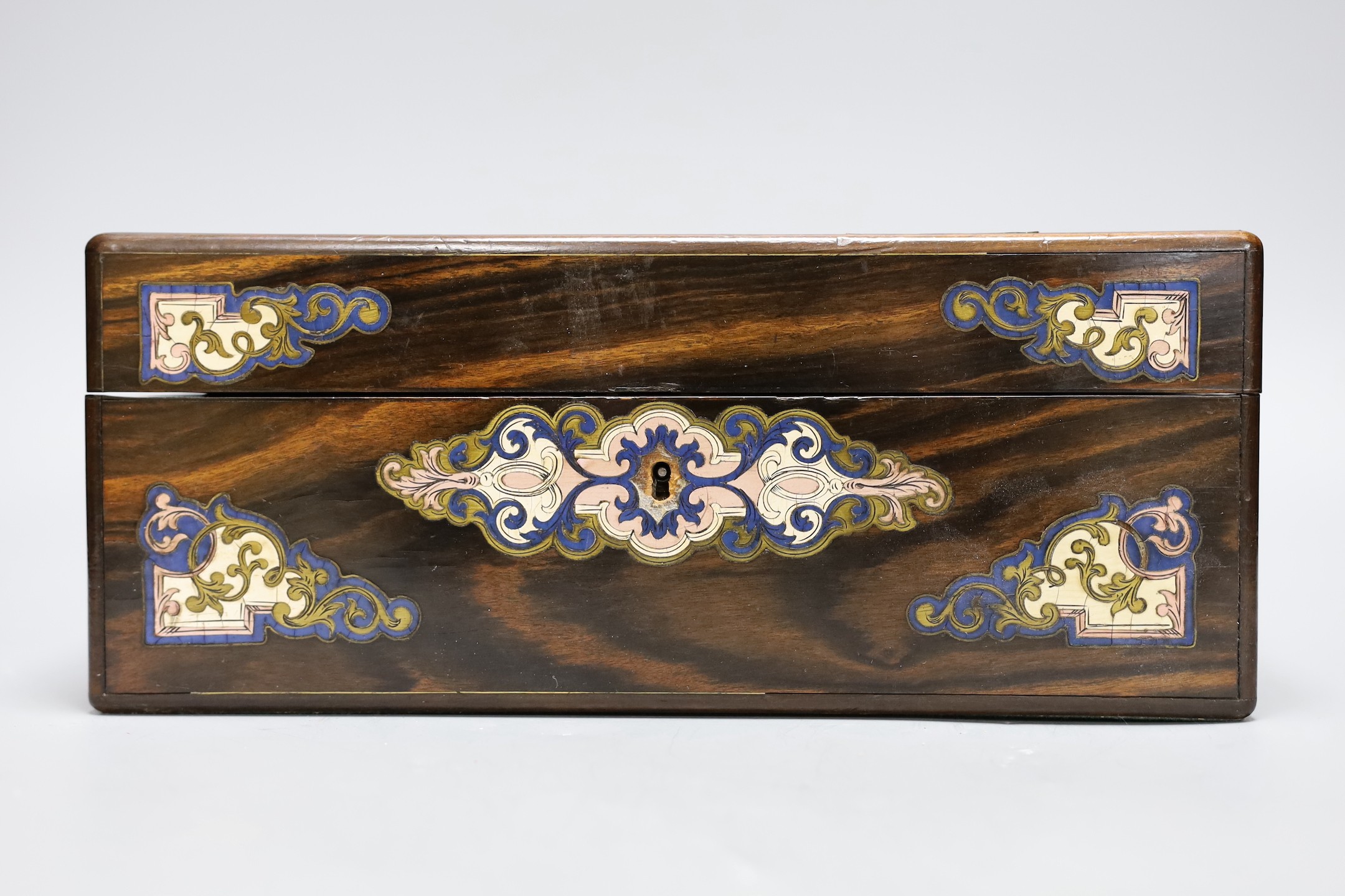 A French rosewood brass inlay and enamelled box, interior missing, 31 cms wide x 12 cms high